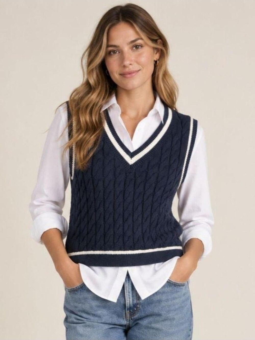 Abercrombie & Fitch Navy Cable Knit V-Neck Sweater Vest with White Trim